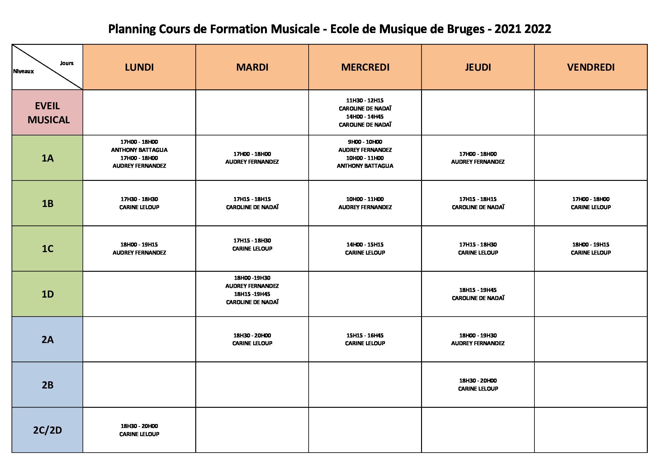 Planning cours de Formation Musicale Ecole de Musique de Bruges année scolaire 2021 2022